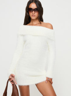 front view of model wearing Princess Polly Buchen Sweater Dress White Asymmetric Neckline 