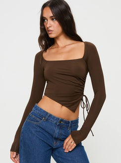 front view of model wearing Princess Polly Take Me On Long Sleeve Top Brown Full Sleeves Square Neck 