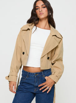 Beige Cropped trench coat Lapel collar, button fastening at front, adjustable & removable belt at waist & cuffs