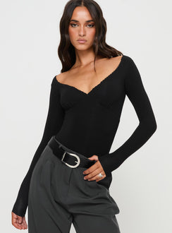 back view of model wearing Princess Polly Loveydove Bodysuit Black Tall Full Sleeves Plunger 