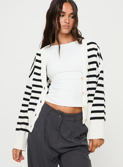 back view of model wearing Princess Polly Karlson Striped Cardigan Cream / Black cropped 