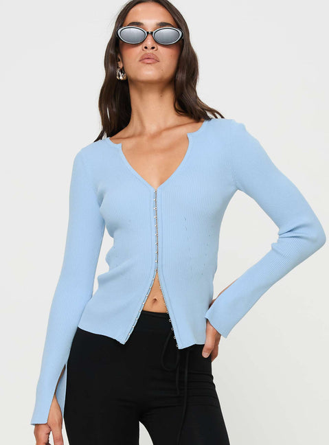 front view of model wearing Princess Polly Selections Long Sleeve Top Blue Full Sleeves V-Neck 