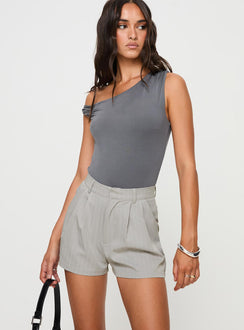 side view of model wearing Princess Polly Seize The Day Shorts Charcoal Pinstripe High Waisted Shorts 