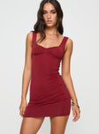 front view of model wearing Princess Polly Rehna Mini Dress Burgundy V-Neck 