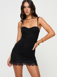 front view of model wearing Princess Polly Rubyn Lace Mini Dress Black Sweetheart Neckline 