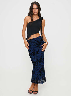   side view of model wearing Princess Polly Catrina Maxi Skirt Navy Midi Skirts 