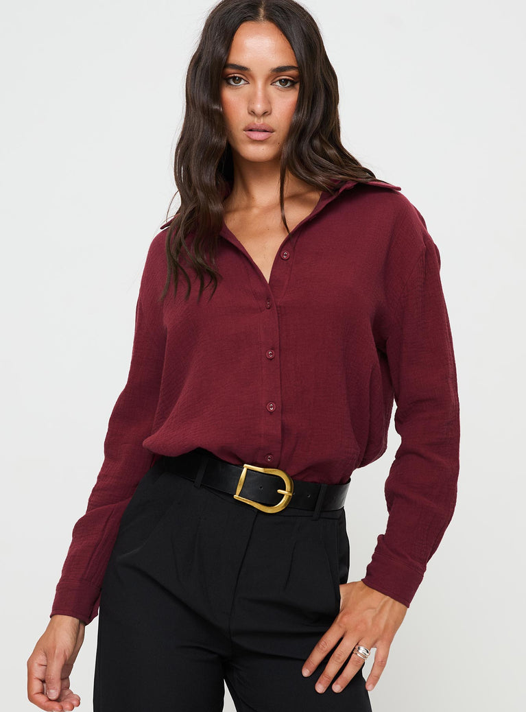 Burgundy Long sleeve shirt Relaxed fitting with button fastening & scooped hemline