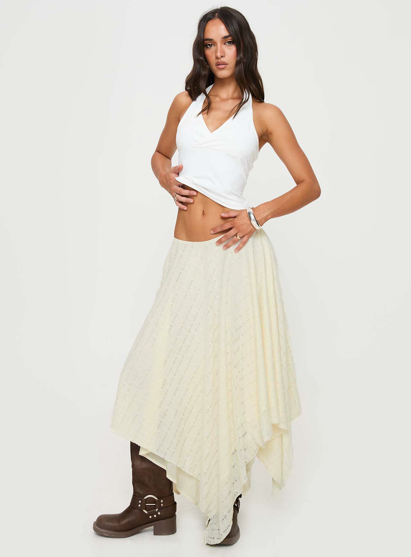   front view of model wearing Princess Polly Gratitude Midi Skirt Cream Midi Skirts 