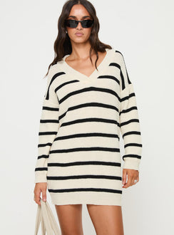 front view of model wearing Princess Polly Forte Sweater Mini Dress Black / Cream V-Neck 
