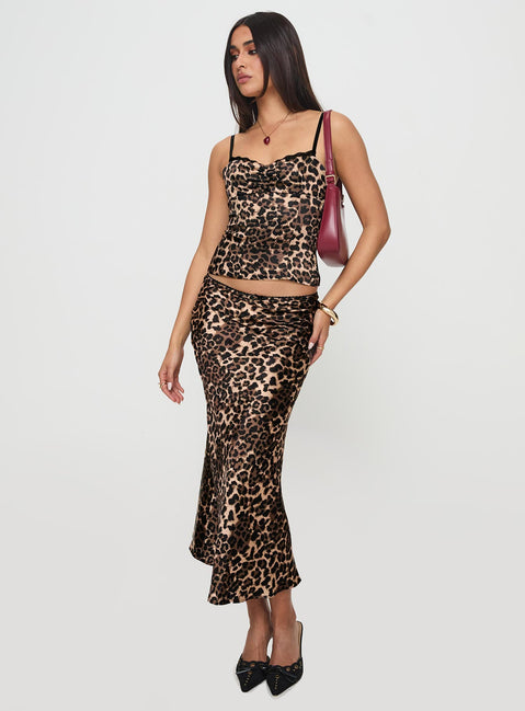   front view of model wearing Princess Polly Enigmatic Maxi Skirt Leopard Maxi 