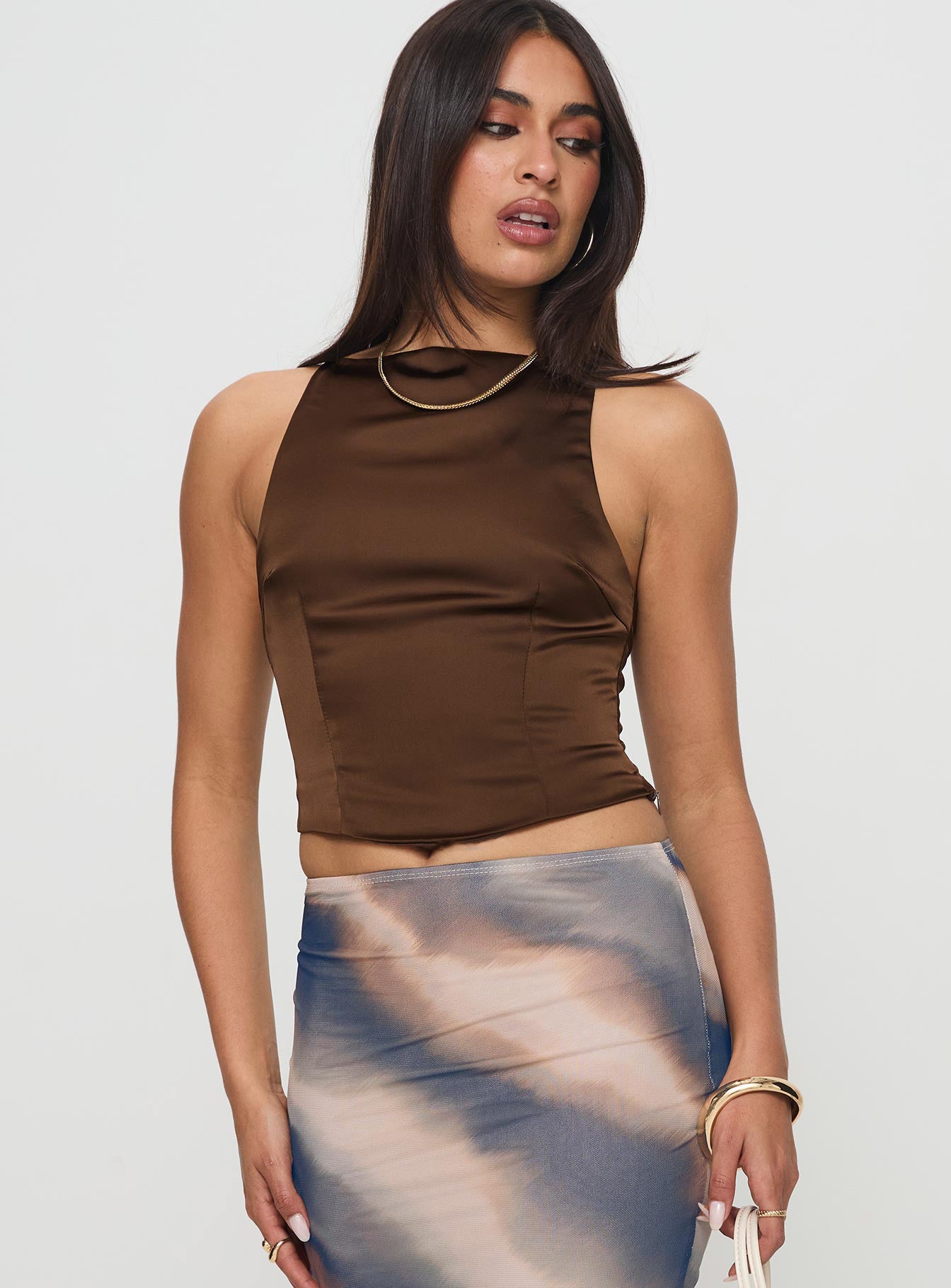 front view of model wearing Princess Polly Ashali Top Dark Brown Sleeveless High Neck 