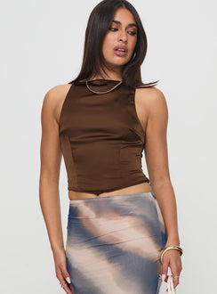 front view of model wearing Princess Polly Ashali Top Dark Brown Sleeveless High Neck 