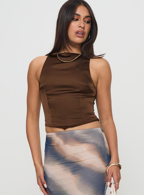 front view of model wearing Princess Polly Ashali Top Dark Brown Sleeveless High Neck 