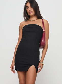 side view of model wearing Princess Polly Dartel Strapless Mini Dress Black Straight Neck 