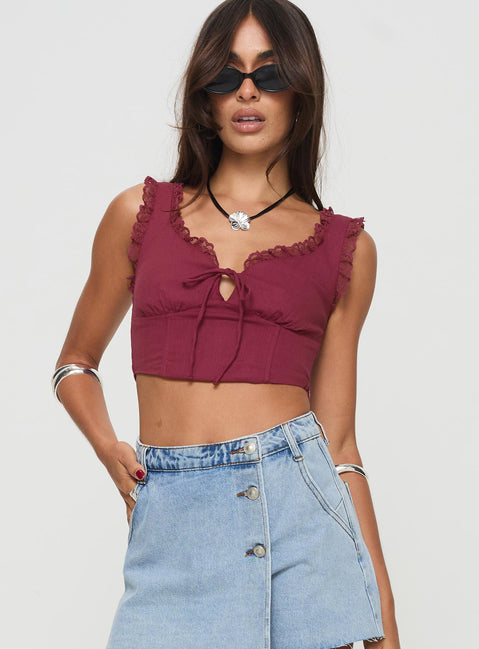 back view of model wearing Princess Polly Scarlett Top Wine Sleeveless V-Neck 