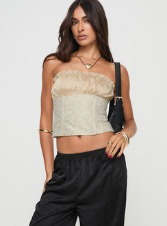 front view of model wearing Princess Polly Fire For You Strapless Top Gold Sleeveless straight 