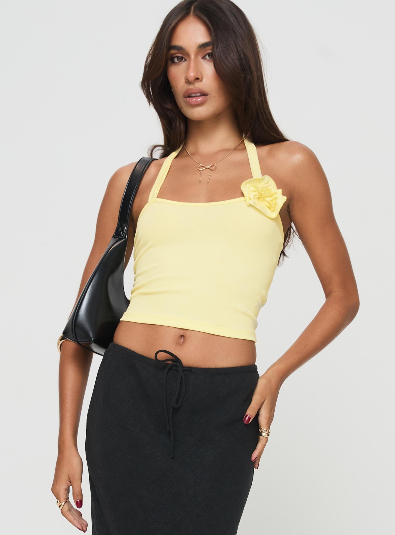 front view of model wearing Princess Polly Youve Got The Love Top Yellow Sleeveless Scoop Neck 