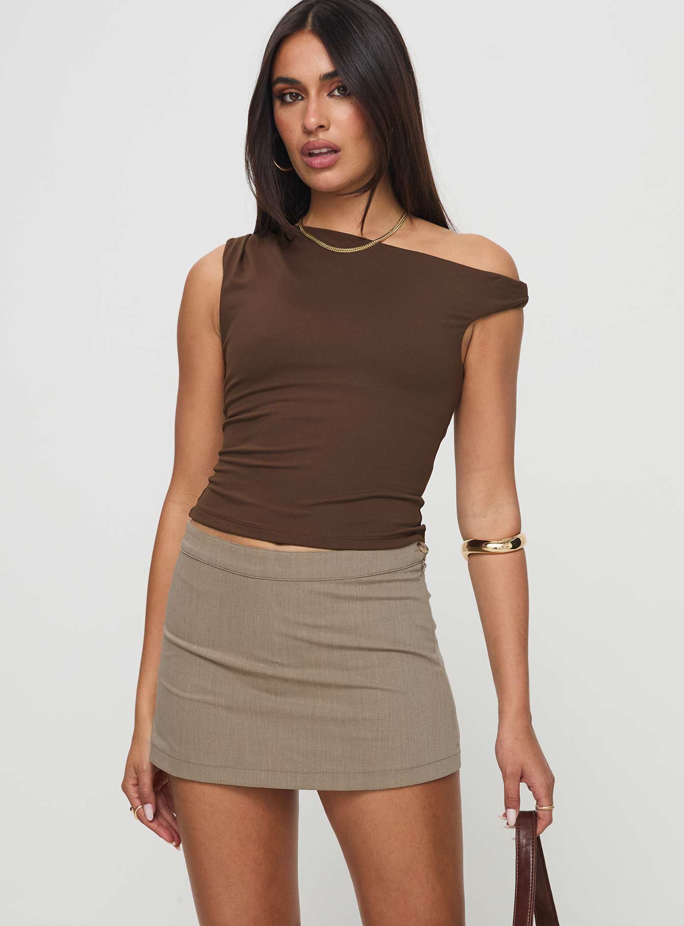 front view of model wearing Princess Polly Jorge Skort Taupe High Waisted Shorts 