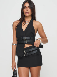   front view of model wearing Princess Polly Ethereal Buckle Skirt Onyx Mini Skirts 