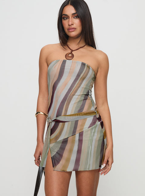 front view of model wearing Princess Polly Kevsra Mini Dress Multi Straight Neck 