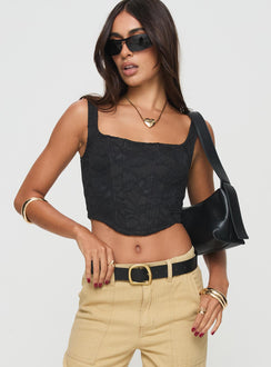 front view of model wearing Princess Polly Bonney Corset Top Black Sleeveless Square Neck 