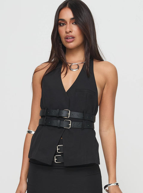 front view of model wearing Princess Polly Ethereal Buckle Top Onyx Sleeveless V-Neck 