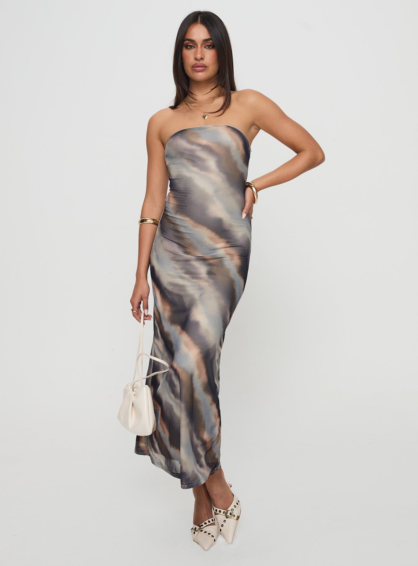 side view of model wearing Princess Polly Pinacle Strapless Maxi Dress Brown Straight Neck 