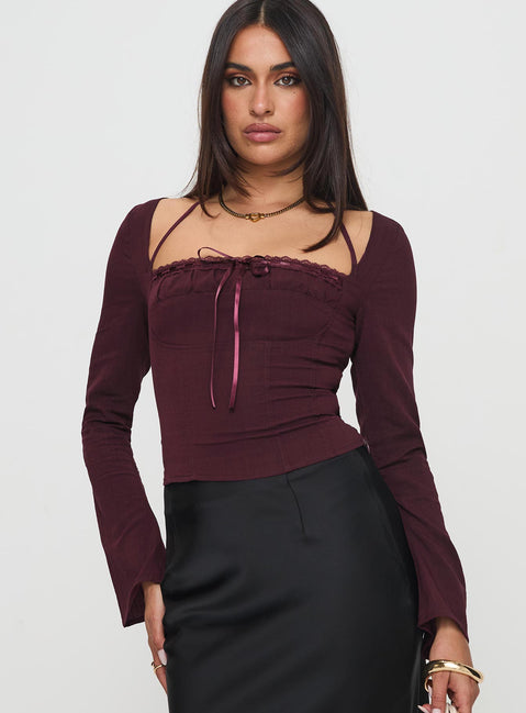 front view of model wearing Princess Polly Trynia Long Sleeve Top Burgundy Full Sleeves Square Neck 