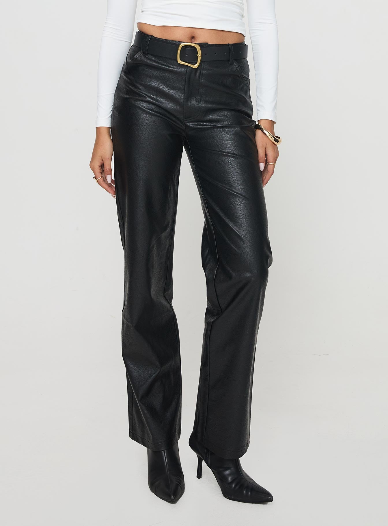 front view of model wearing Princess Polly Benner Low Waist Wide Leg Faux Leather Pants Black High Waisted Pants 
