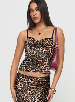 front view of model wearing Princess Polly Enigmatic Cami Top Leopard Sleeveless Sweetheart 