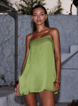 side view of model wearing Princess Polly Apple Cider Mini Dress Green Square Neck 