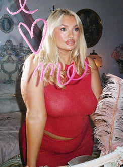 side view of model wearing Princess Polly Hugs & Kisses Knit Top Red Curve Sleeveless Crew Neck 