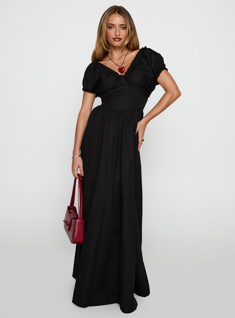 front view of model wearing Princess Polly Breeanna Maxi Dress Black V-Neck 