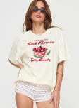 front view of model wearing Princess Polly Fresh Cherries Oversized Tee Yellow Half Sleeves Crew Neck 