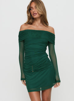 front view of model wearing Princess Polly Olympique Long Sleeve Mini Dress Teal Straight Neck 