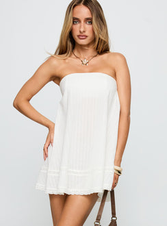 front view of model wearing Princess Polly Gypsea Strapless Swing Mini Dress White Straight Neck 