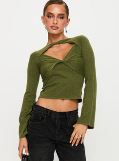 front view of model wearing Princess Polly Giordani Long Sleeve Twist Top Moss Green Full Sleeves Crew Neck 