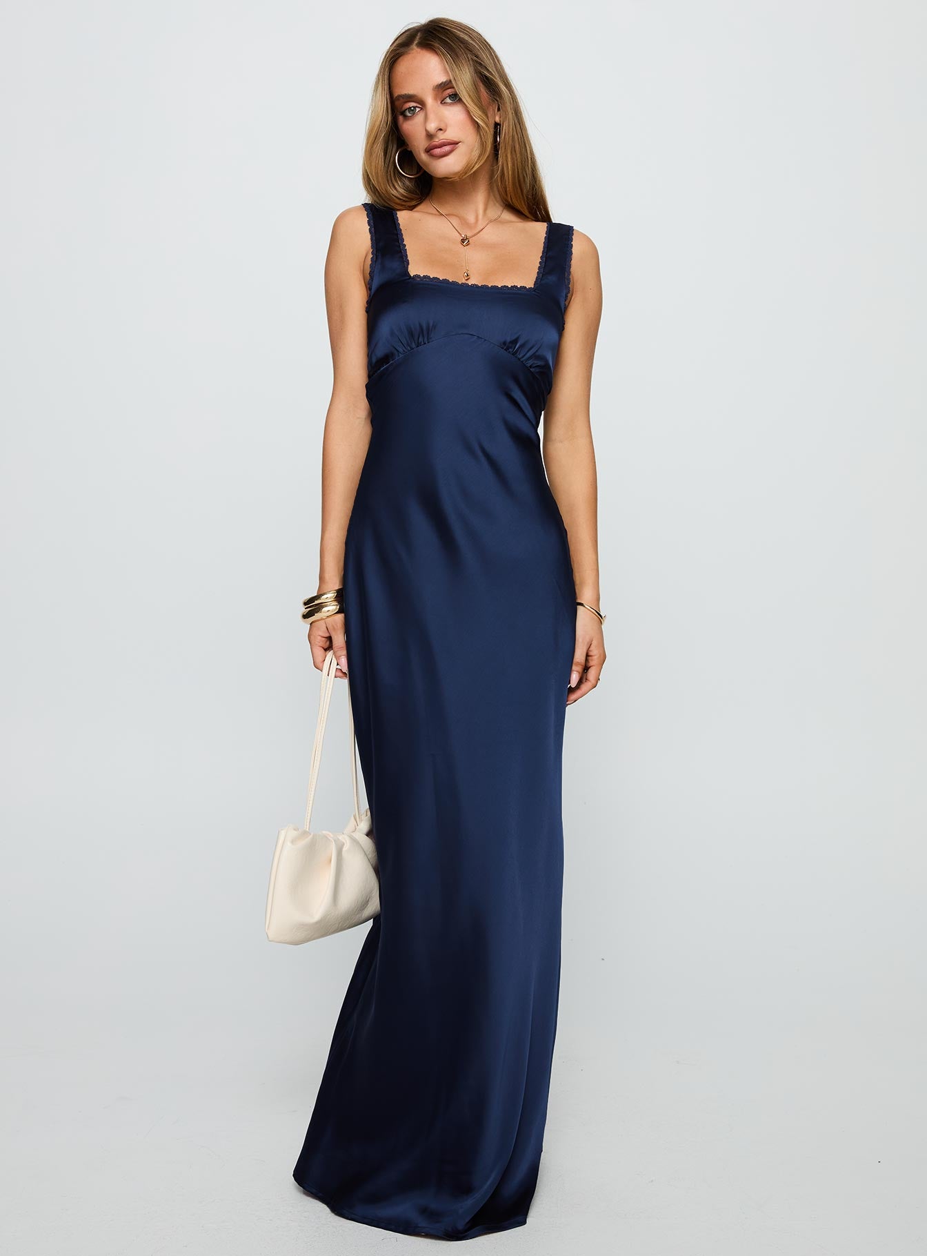 front view of model wearing Princess Polly Dasha Satin Maxi Dress Navy Square Neck 