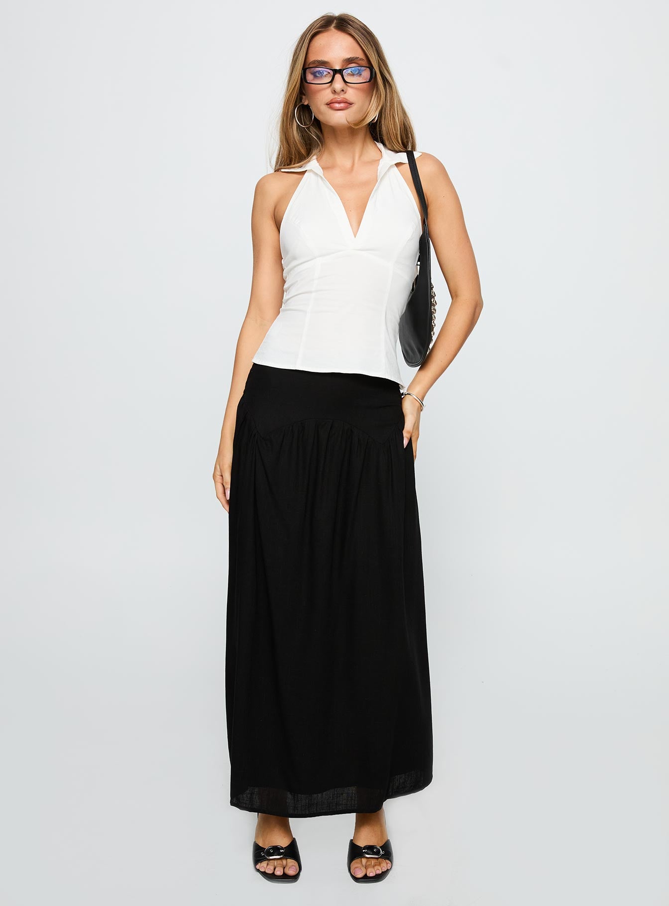   front view of model wearing Princess Polly Human Nurture Maxi Skirt Black Maxi 