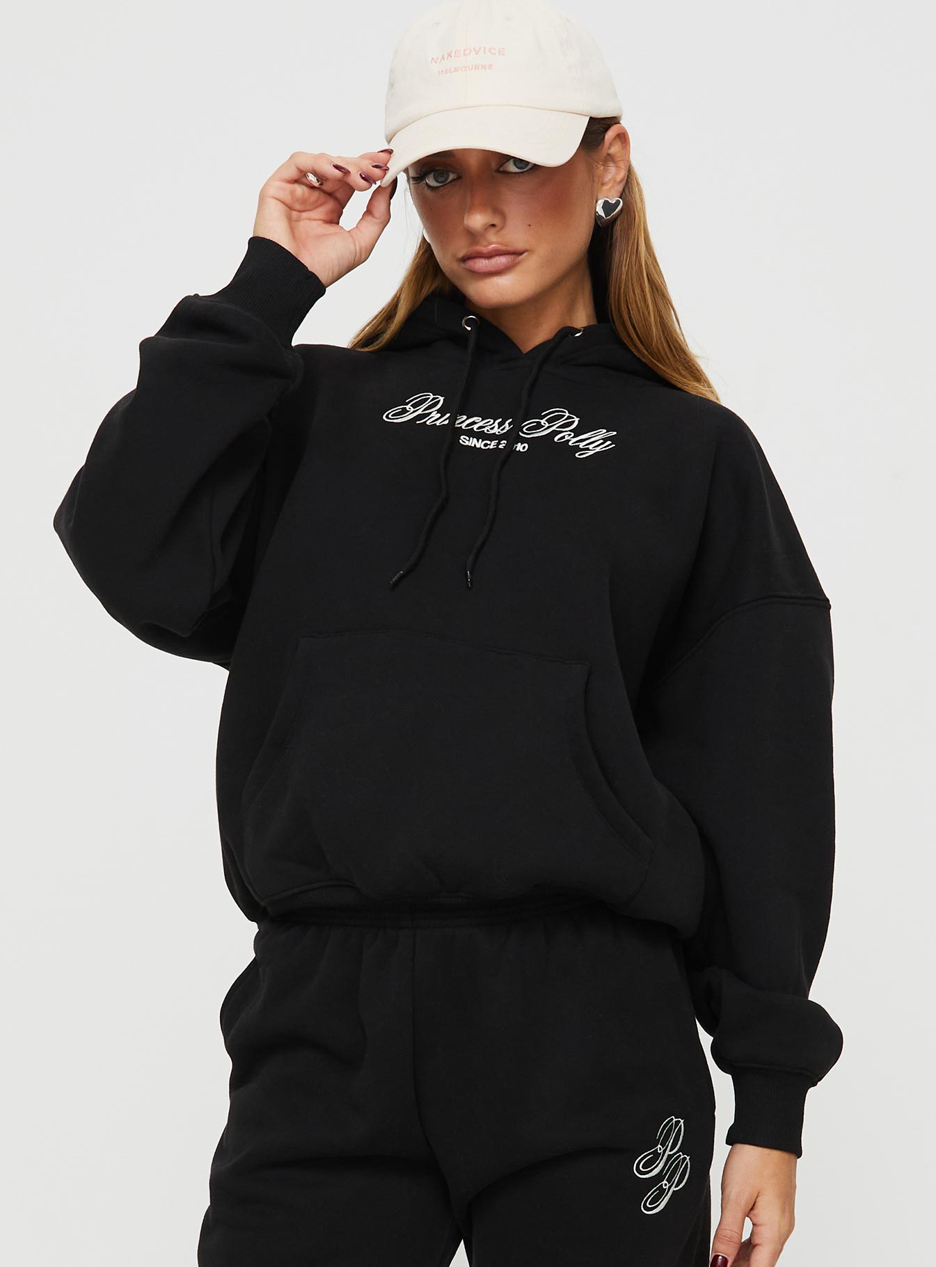 Princess Polly Hooded Sweatshirt Script Black / Ivory Princess Polly  regular 