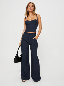 Matching pinstripe set Crop top, adjustable shoulder straps, zip fastening at back, sweetheart neckline Tailored pants, zip and clasp fastening, twin hip pockets, subtle pleats at waist