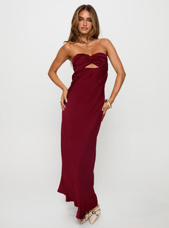 side view of model wearing Princess Polly Faviola Strapless Maxi Dress Burgundy Sweetheart Neckline 