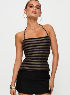 front view of model wearing Princess Polly The Player Backless Tie Neck Top Gold / Black Stripe Sleeveless Square Neck 