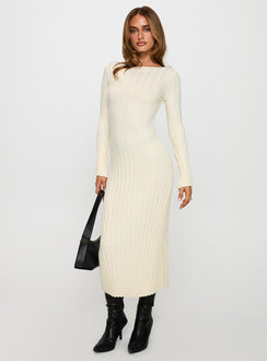 front view of model wearing Princess Polly Ryo Long Sleeve Rib Maxi Dress Cream Boat Neck 