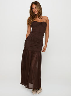 front view of model wearing Princess Polly Nevena Strapless Maxi Dress Brown Sweetheart Neckline 