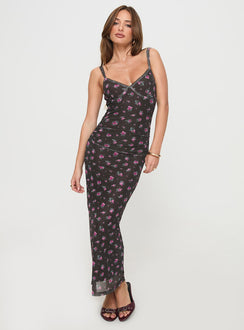 side view of model wearing Princess Polly Cotter Maxi Dress Black Floral V-Neck 