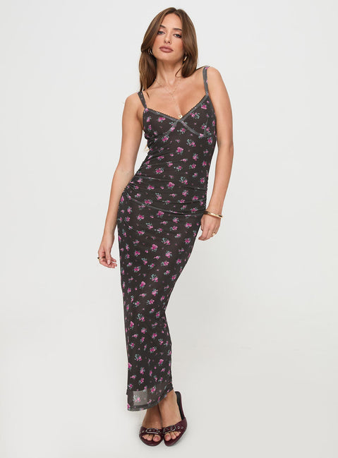 side view of model wearing Princess Polly Cotter Maxi Dress Black Floral V-Neck 