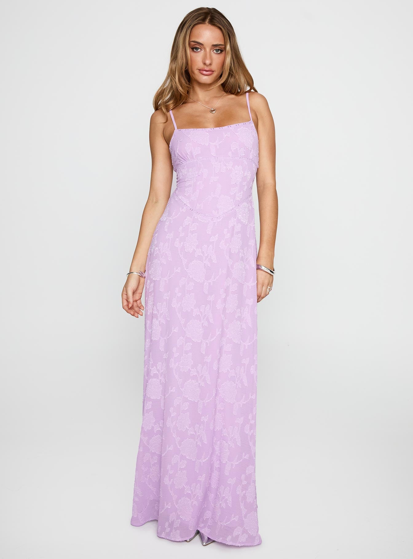 front view of model wearing Princess Polly South Of France Maxi Dress Lilac Square Neck 