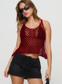 front view of model wearing Princess Polly Shikarni Knit Top Red Sleeveless Scoop Neck 