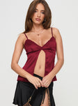 front view of model wearing Princess Polly Gunnar Top Burgundy Sleeveless Plunger 